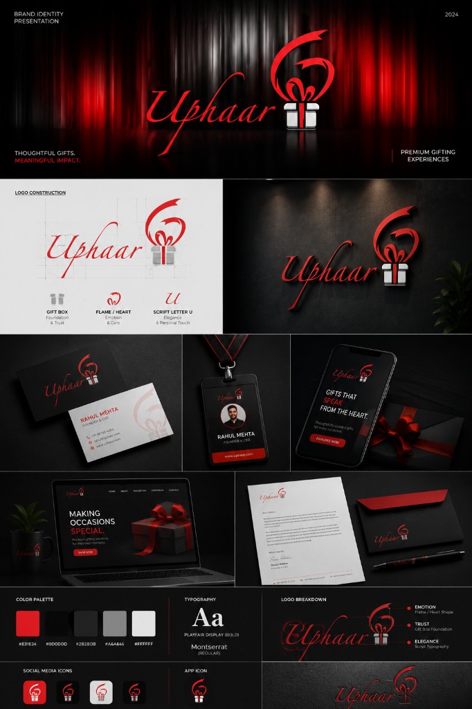 Uphaar brand identity board with red script logo, gift box symbolism, construction grid, 3D signage, business cards, mobile and web mockups, stationery, and color and typography guidelines.