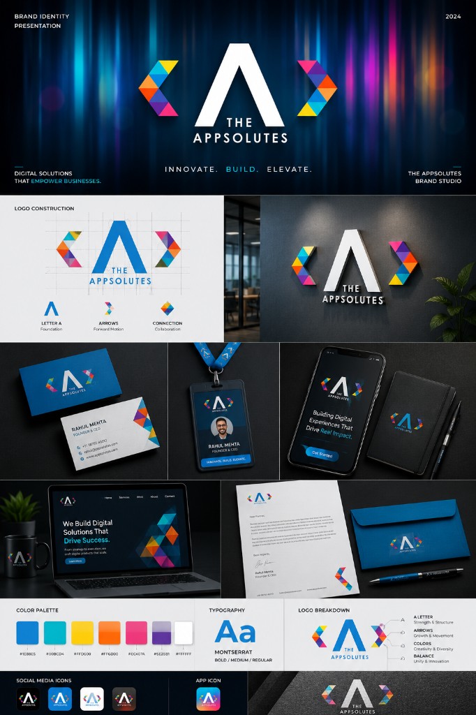 The Appsolutes brand identity with geometric A mark, multicolor chevrons, logo construction, office signage, business cards, mobile app, website mockup, and brand color and typography system.