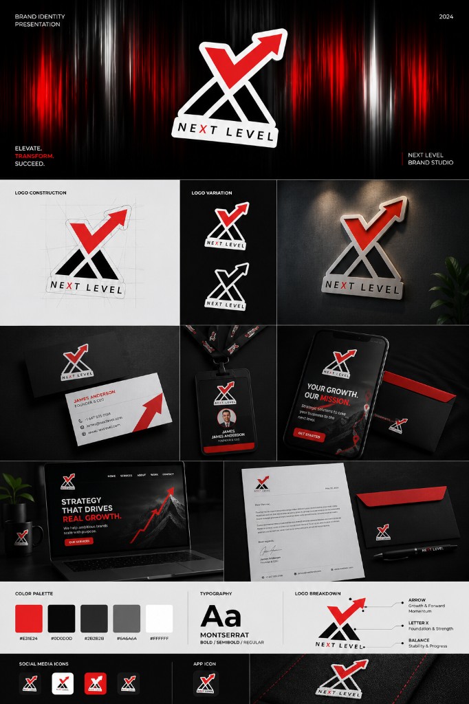 Next Level Brand Studio identity with X and arrow logo, construction and 3D mockups, stationery, web and mobile screens, and red, black, and white brand system.