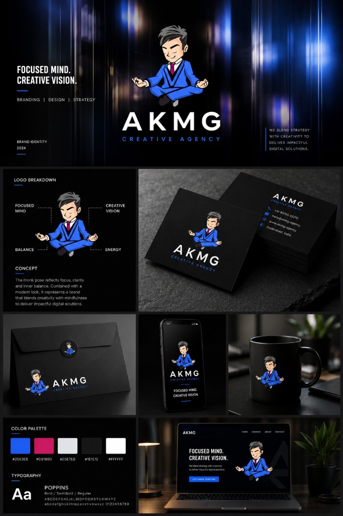 AKMG Creative Agency brand board with meditative monk mascot logo, concept breakdown, business cards, envelope, mobile splash, mug mockup, Poppins typography, and website design.