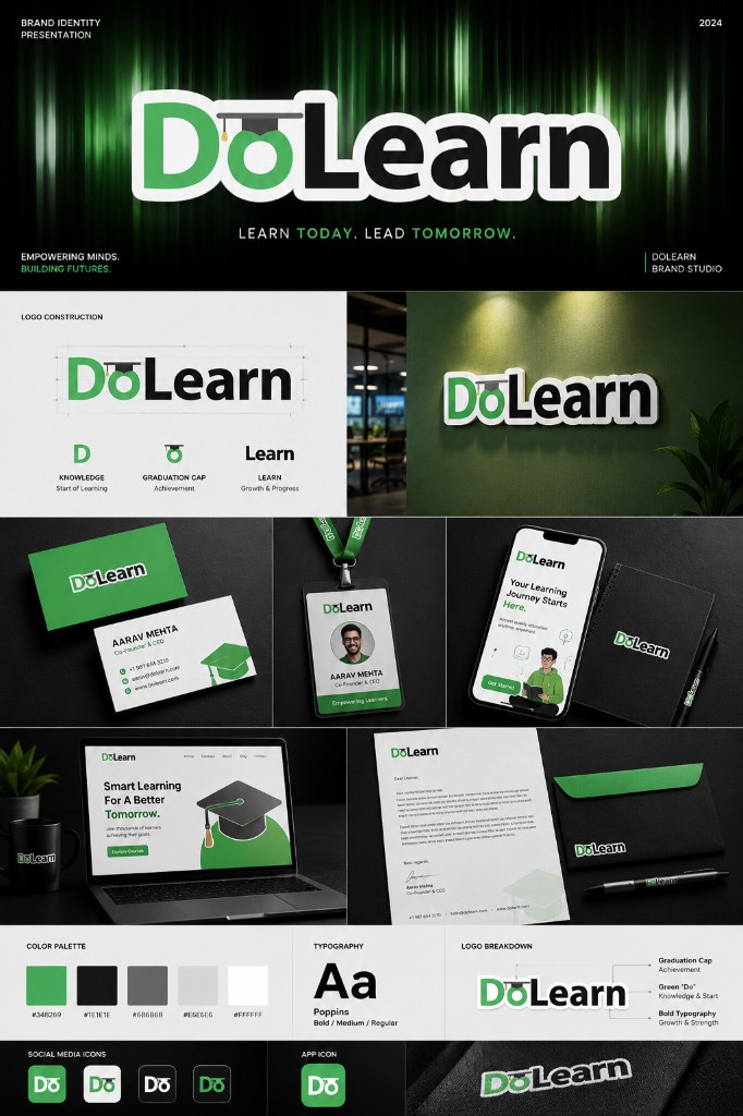 DoLearn educational brand identity with D and graduation cap logo, green palette, construction diagram, 3D wall sign, business cards, app and website mockups, and Poppins typography.