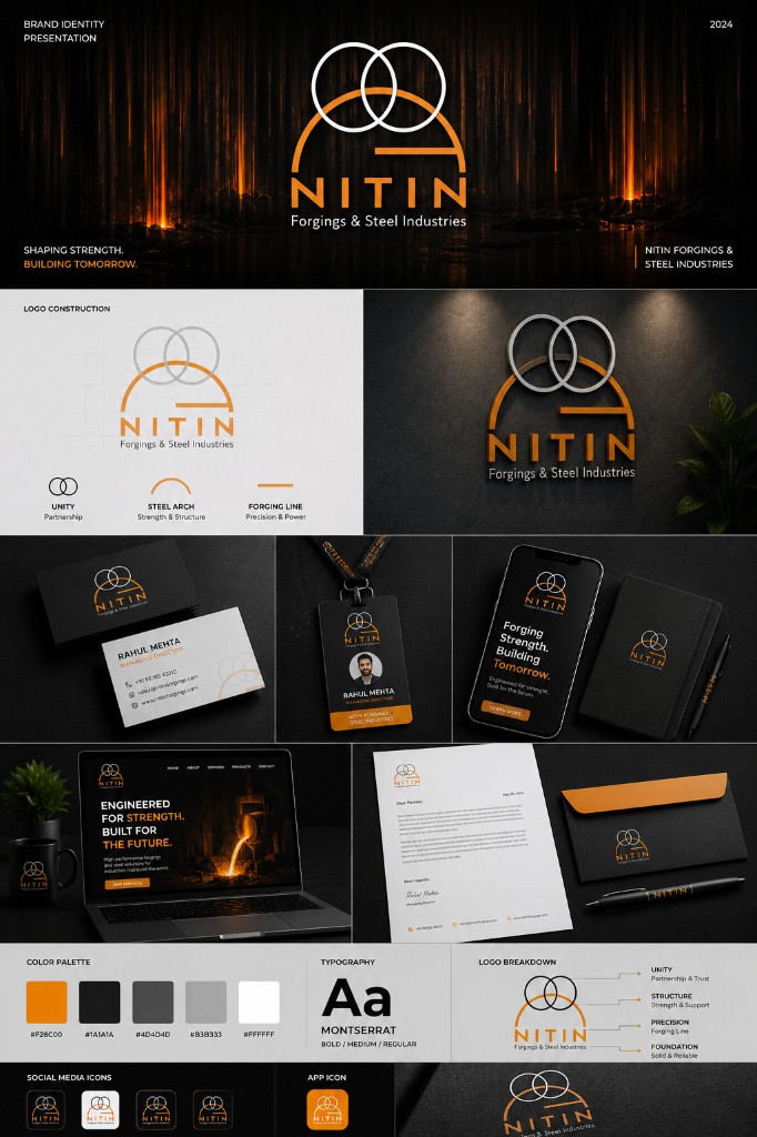 Nitin Forgings brand identity with interlocking circles and steel arch logo, orange and black palette, industrial mockups, stationery, mobile and web applications, and Montserrat typography.