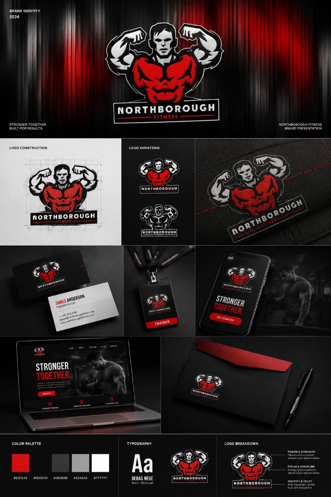 Northborough Fitness brand identity with muscular figure logo, red and black palette, embroidered patch mockup, business cards, gym app and website, stationery, and Bebas Neue typography.