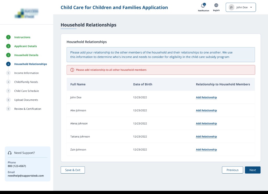 Parent application household relationships step with multi-step progress sidebar and add relationship table for household members.