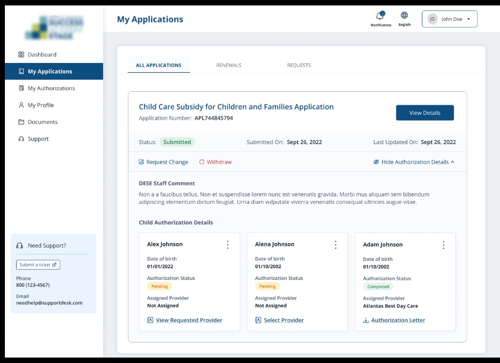 Parent my applications screen with split-card child authorization details showing pending and completed states per dependent.