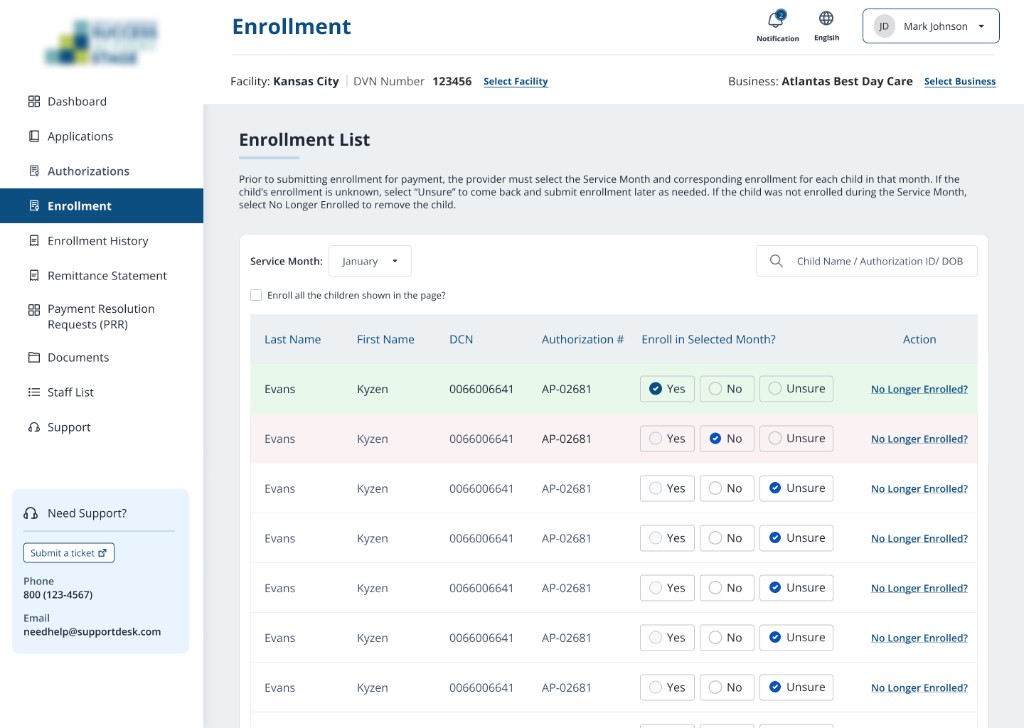 Provider enrollment list with Yes, No, and Unsure attestation radio pills per child row before monthly invoice submission.