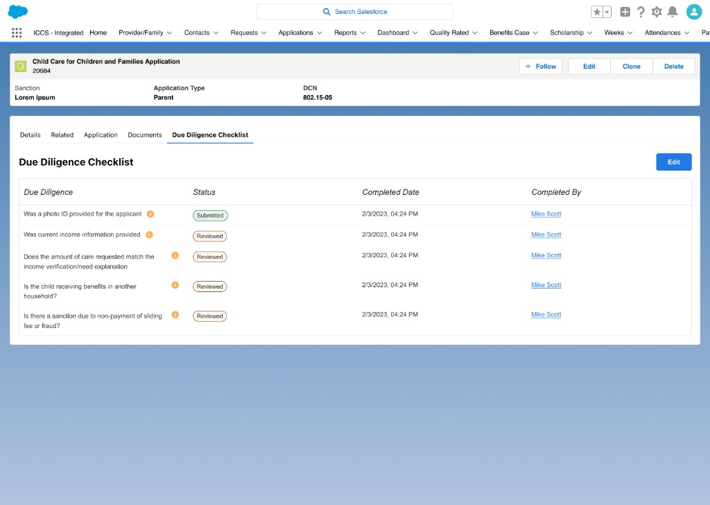 Salesforce ICCS application record with due diligence checklist tab showing verification status, completed dates, and assigned reviewers.
