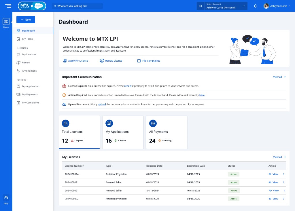 MTX LPI citizen dashboard with welcome banner, important communications, license summary cards, and my licenses table.