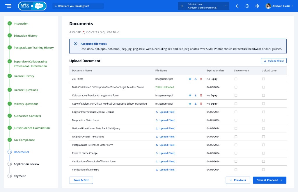 13-step license application documents screen with upload table, file type guidance, save to vault options, and step progress sidebar.