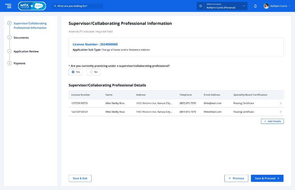 Pruned 4-step amendment wizard for supervisor and collaborating professional information with save and proceed navigation.