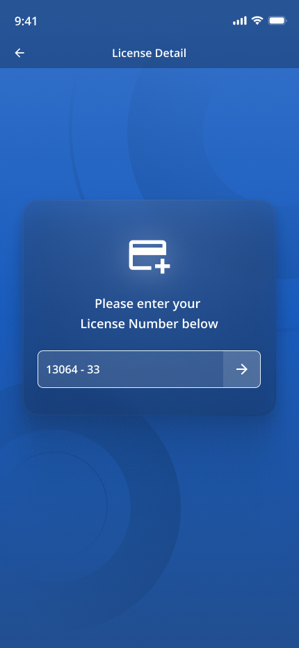 Mobile add license screen with license number entry field and submit action.