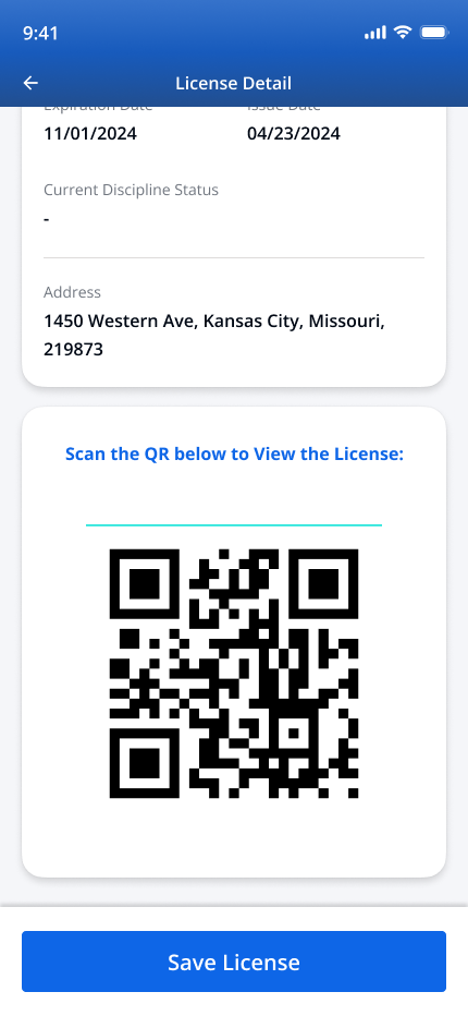 Mobile license detail screen with expiration date, address, and scannable QR code for field verification.