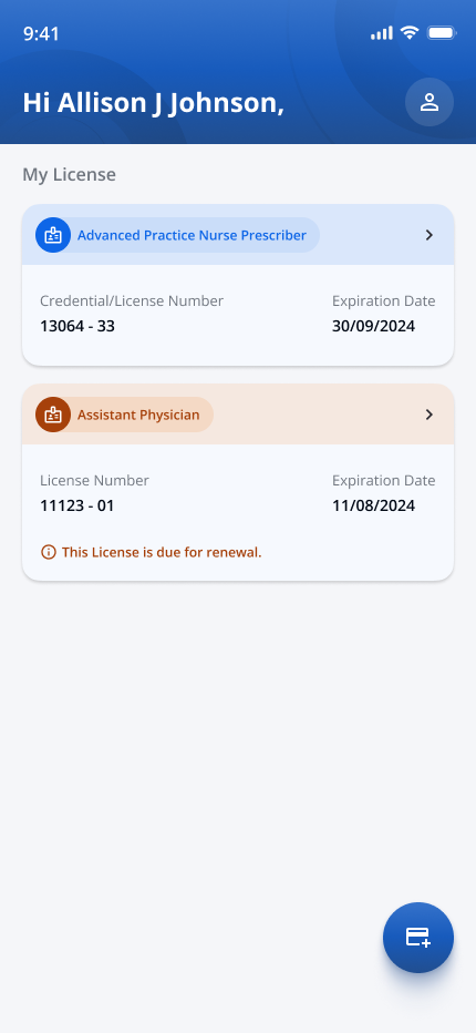Mobile my licenses screen listing credential cards with expiration dates and renewal alerts.