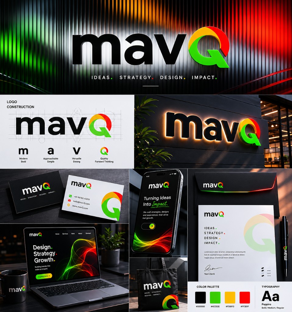 mavQ brand identity board showing logo construction on a grid, color palette with black, green, yellow, and red, Poppins typography, and mockups including signage, business cards, letterhead, envelope, smartphone and laptop screens, tote bag, and coffee mug.