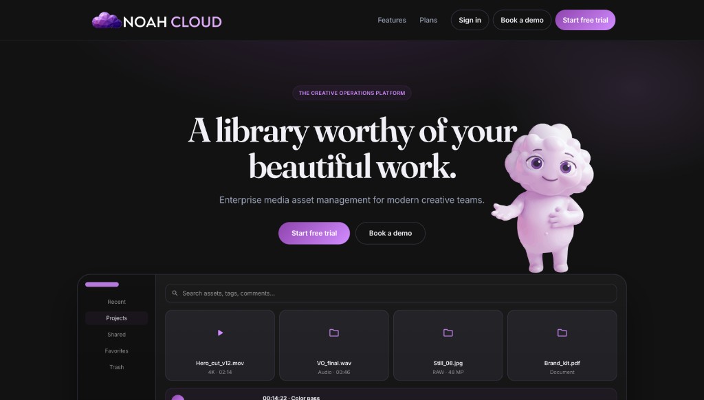 NOAH Cloud marketing hero: headline A library worthy of your beautiful work, cloud mascot, and media library UI with search and asset cards.