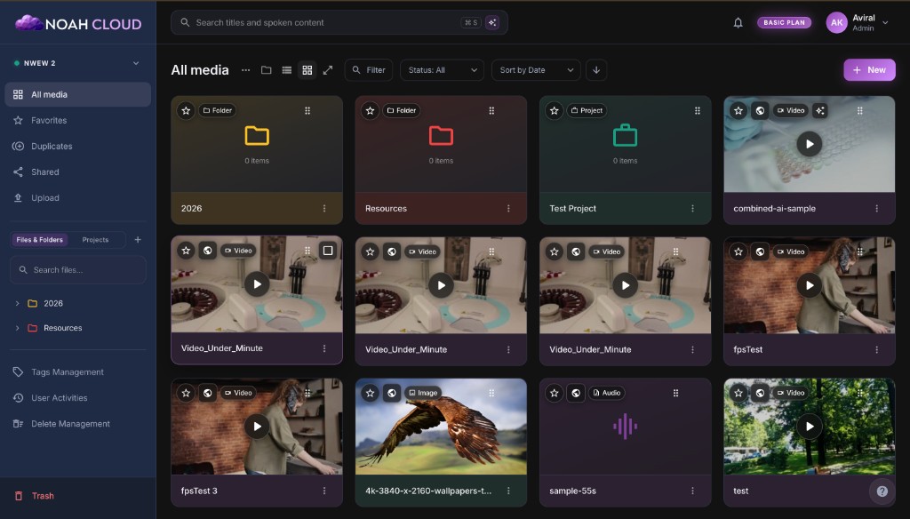 NOAH Cloud All Media library with sidebar folders, search, filters, and a grid of video, image, audio, and project cards.