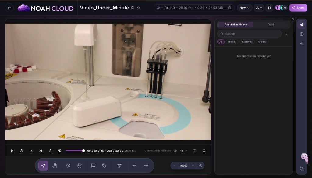 NOAH Cloud in-page video viewer with annotation toolbar, playback controls, and annotation history sidebar for Video_Under_Minute.