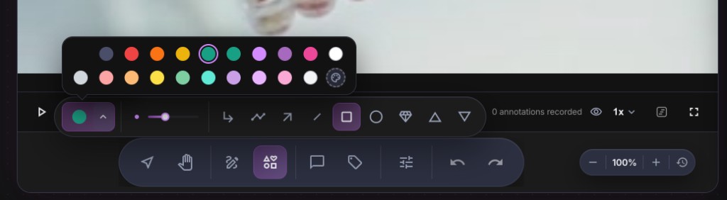 NOAH Cloud annotation toolbar with color picker open, shape tools, playback speed, and zoom controls.