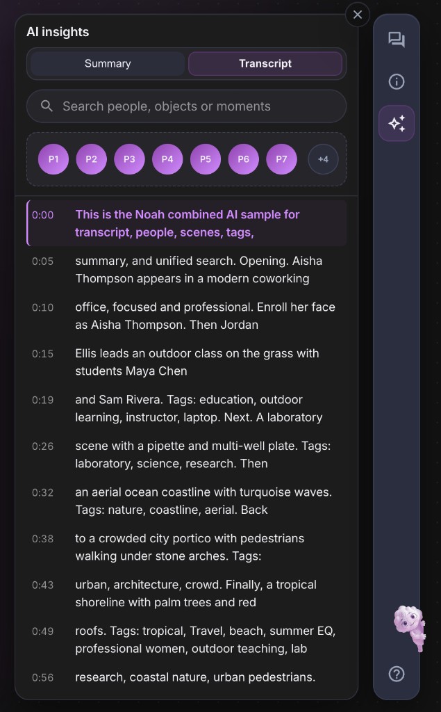 NOAH Cloud AI insights panel with searchable transcript, people avatars P1–P7, and tagged scene descriptions.