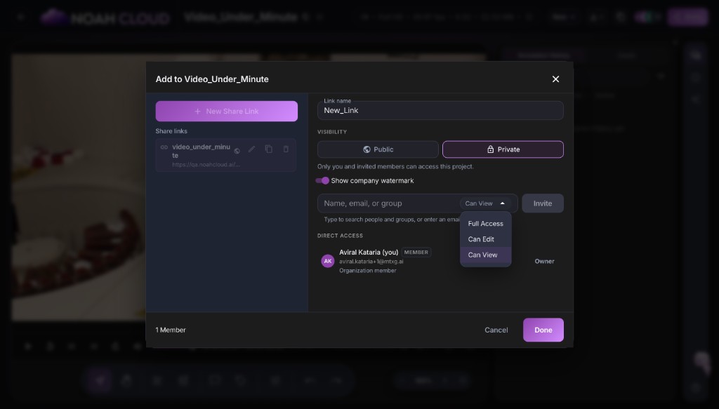 NOAH Cloud share dialog for Video_Under_Minute with share links, private visibility, watermark toggle, and invite permissions.