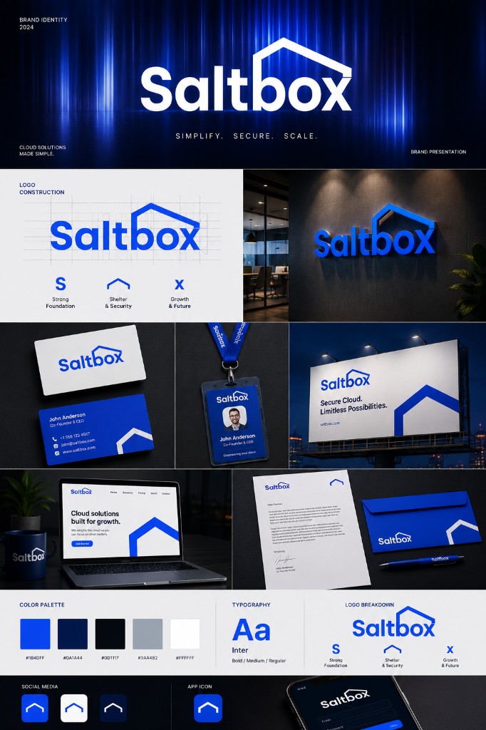 Saltbox brand identity board showing logo construction on a grid, color palette with vibrant blue, dark navy, rich black, cool gray, and white, Inter typography, and mockups including office signage, business cards, letterhead, envelope, laptop website, mobile app, app icon, and merchandise.
