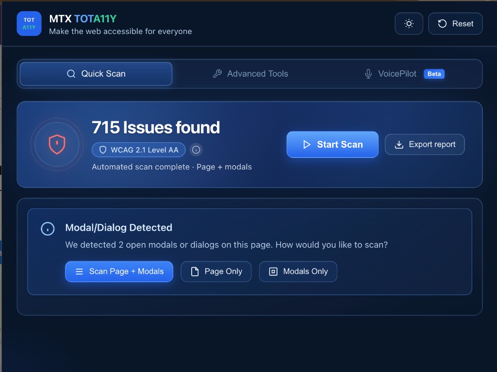 MTX TOTA11y prompt after detecting two open modals, with choices to scan the page and modals, the page only, or modals only.