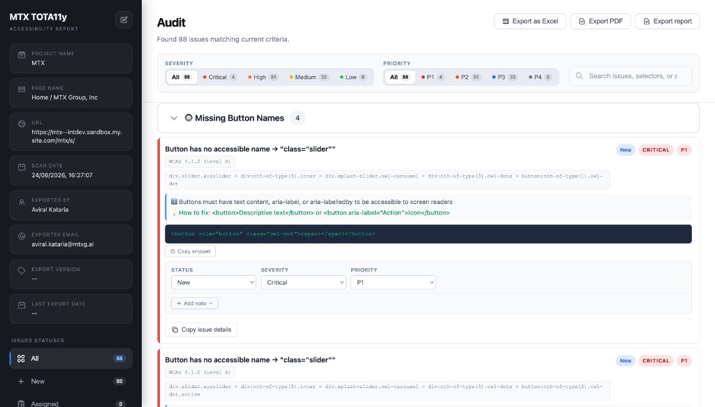 MTX TOTA11y accessibility report with issue counts, severity filters, and an expanded finding with a code snippet and how to fix it.